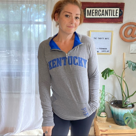 PINK Victoria's Secret Tops - Victoria’s Secret PINK Kentucky Wildcats Grey & Blue Quarter Zip Pullover Small